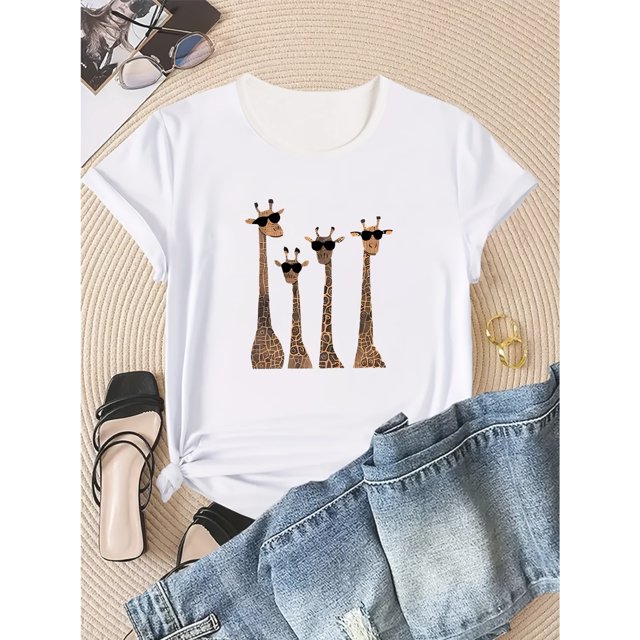 Women'S Giraffe Print Crew Neck T-Shirt, Casual Polyester Knit Fabric Top Regular Length with Geometric Pattern for All Season Comfort Y2K Fashion-Inspired Summer Wear