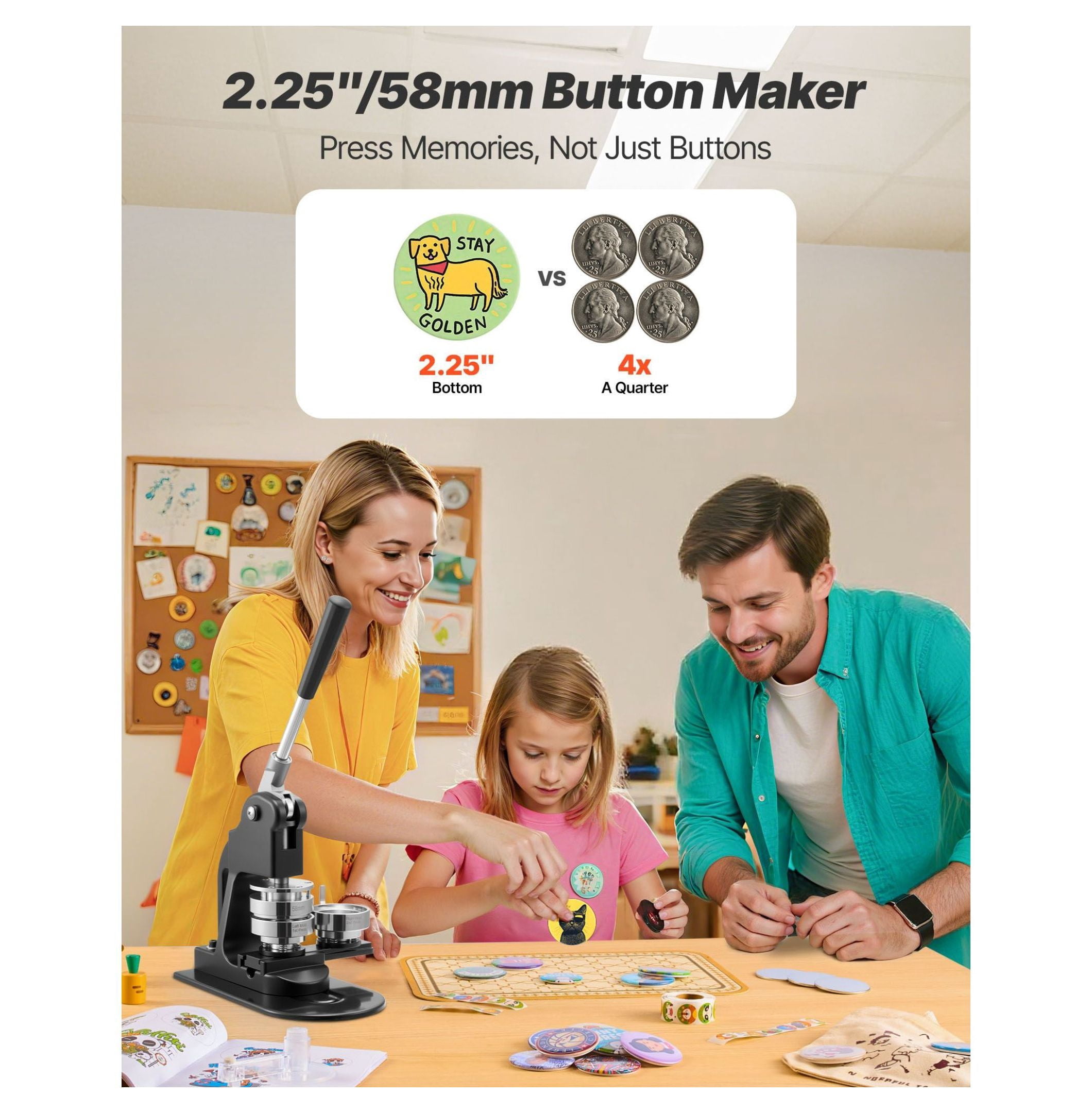 Button Maker Machine 2.25 inch - Pin Maker Kit with 500 Parts - DIY Badge, Pin & Keychain Maker - Circle Cutter & Wrenches Included - Black