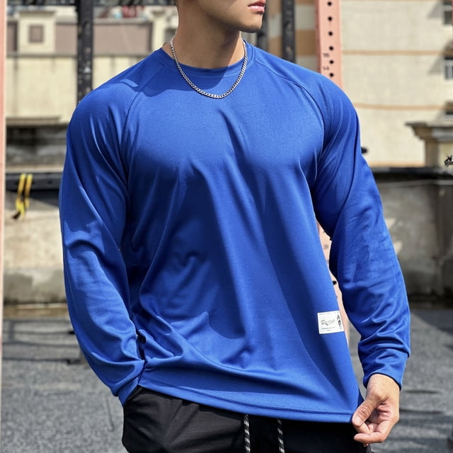 pstuiky camisas de manga larga para hombre, Camiseta deportiva de entrenamiento para hombre, de color liso, transpirable, de malla, holgada y de manga larga con cuello redondo. xl