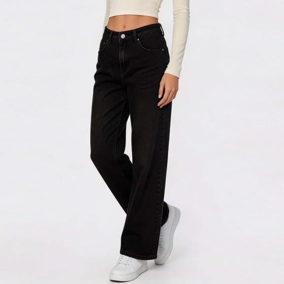 IUYRTFE Women Straight Leg Denim Jeans Button Zipper Pocket Long Pants for Casual Daily Wear