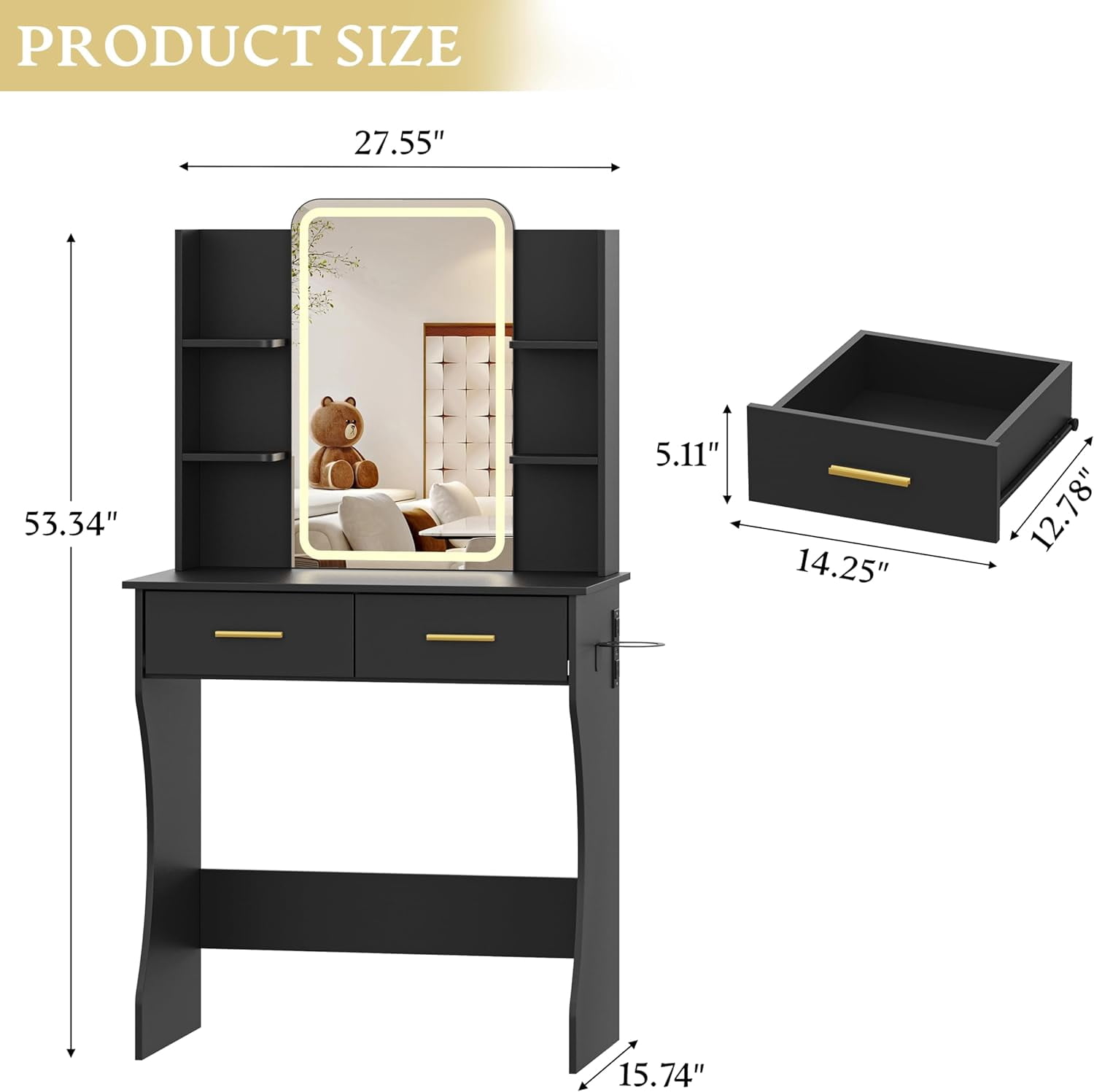 FANRAL Vanity Desk with LED Lighted Mirror and Power Outlet,Makeup Vanity Table with Storage Drawers,3 Lighting Modes and Adjustable Brightness,Dressing Table for Bedroom,Black Vanity