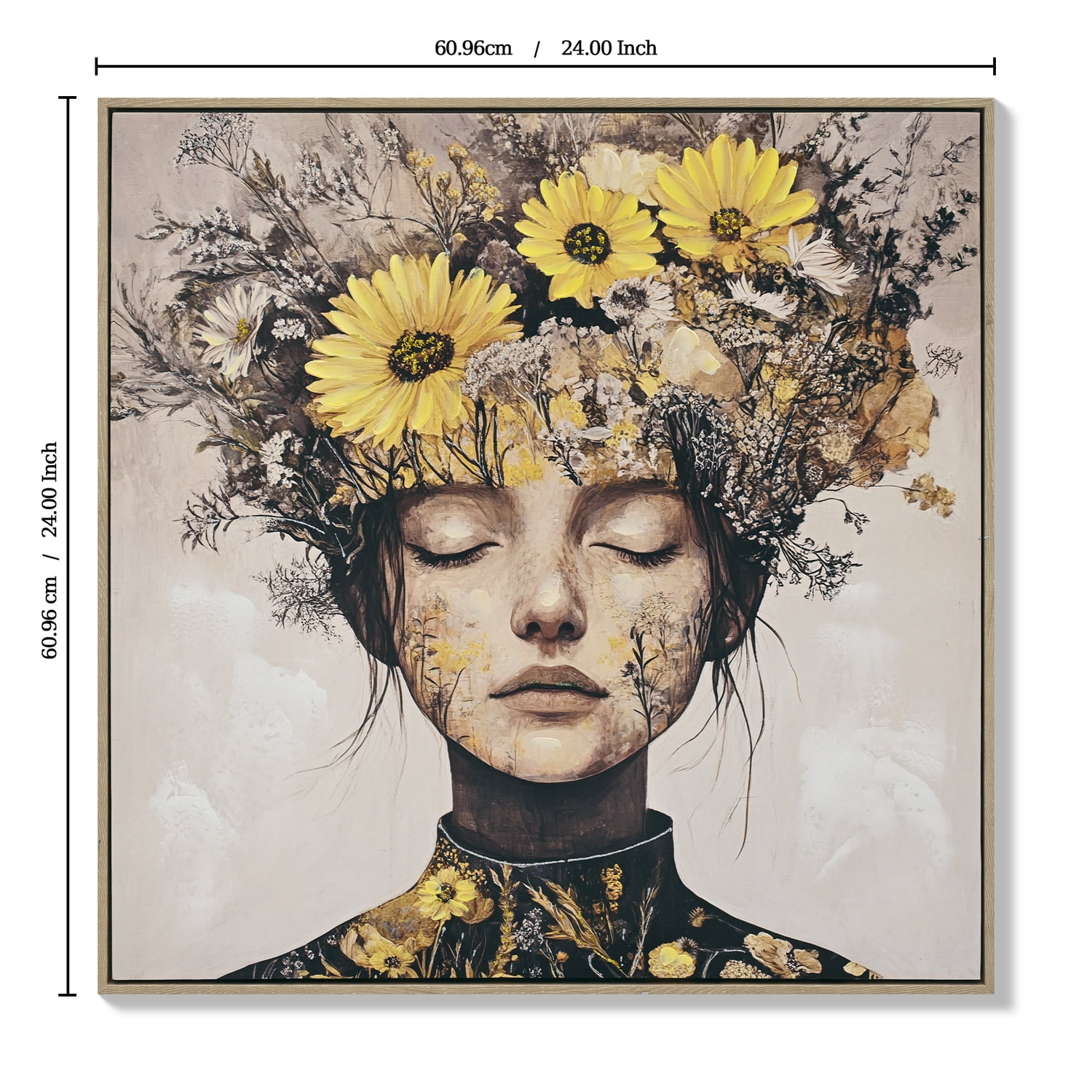 MOONMISS 24x24 Beauty Lady Gold White Floral Canvas Print Modern Wall Art Living Room Bedroom Decor