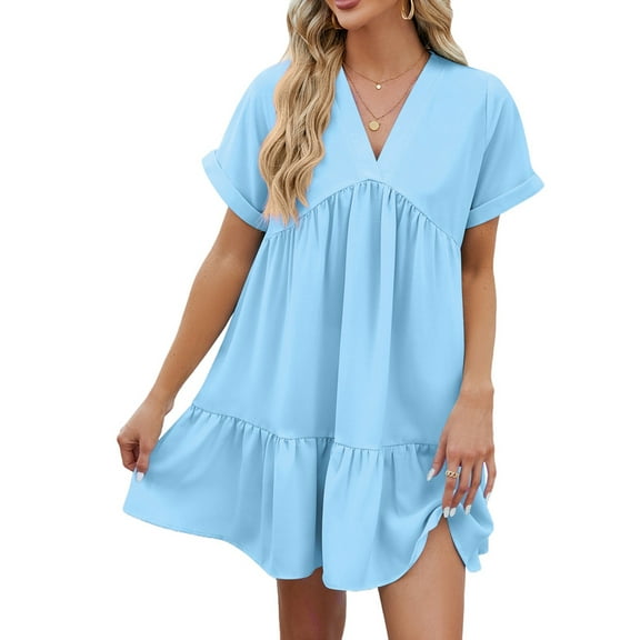 Summer Dresses for Women 2025 Vacation Short Sleeve V Neck Mini T Shirt Dress Pleated Ruffle Flowy Beach S