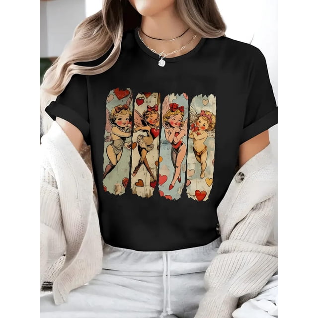 Women's Christmas Cupid Print T-Shirt, Crew Neck Short Sleeve Top with Medium Stretch, Sports Style for All Seasons, Christmas Tshirts