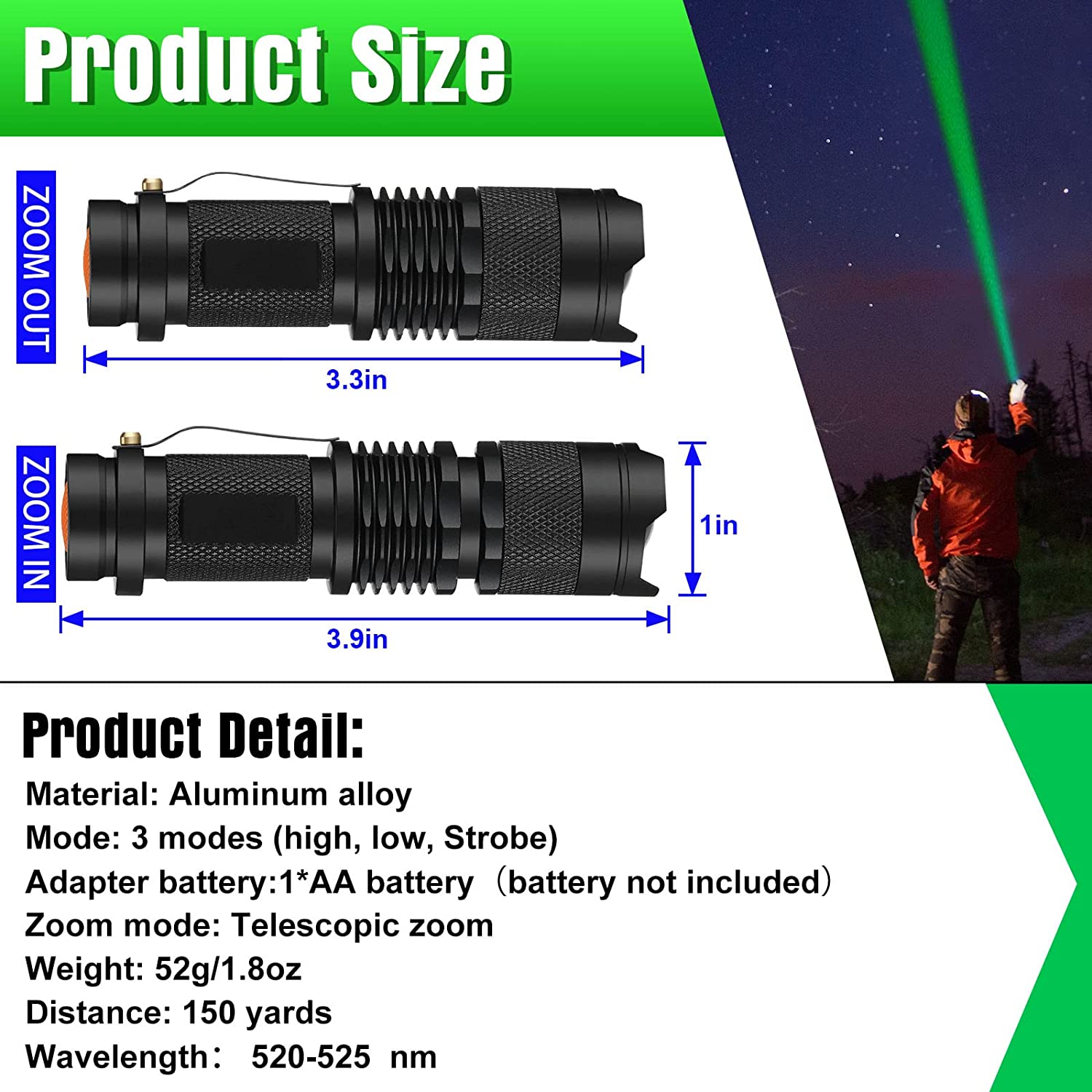 ABPETE 4 Packs Hunting Light Flashlights LED Torch with 3 Modes LED Zoomable Scalable Light Flashlight Torch for Fishing Hunting Night Observation, Batteries Not Included(Green)