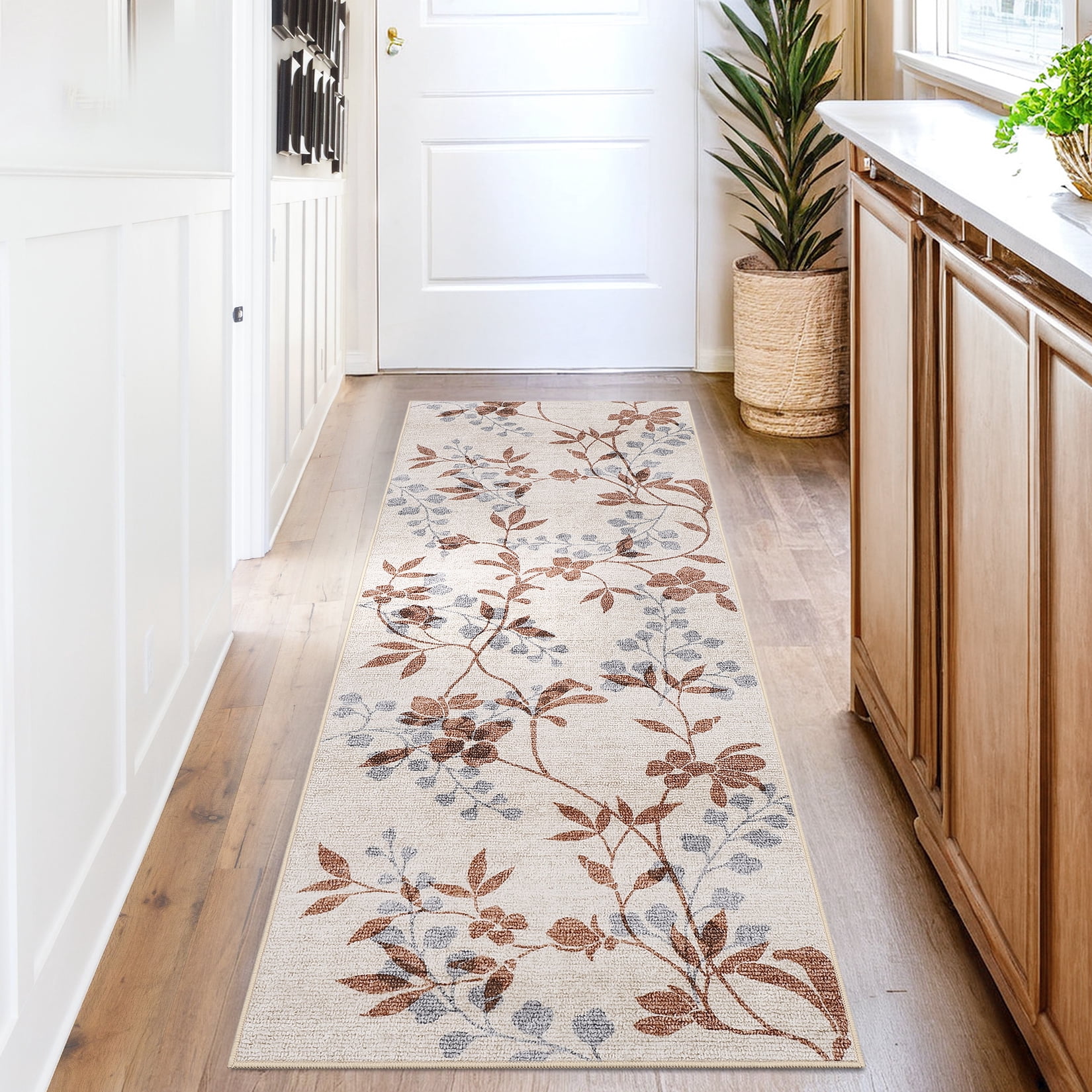 Garvee 2'x6' Modern Runner Rug Washable Floral Accent Carpet with Non-Slip Backing, Stain-Resistant Soft Rugs Low Pile Floor Mats, Botanical Print Rug for for Entryway, Hallway, Kitchen, Beige