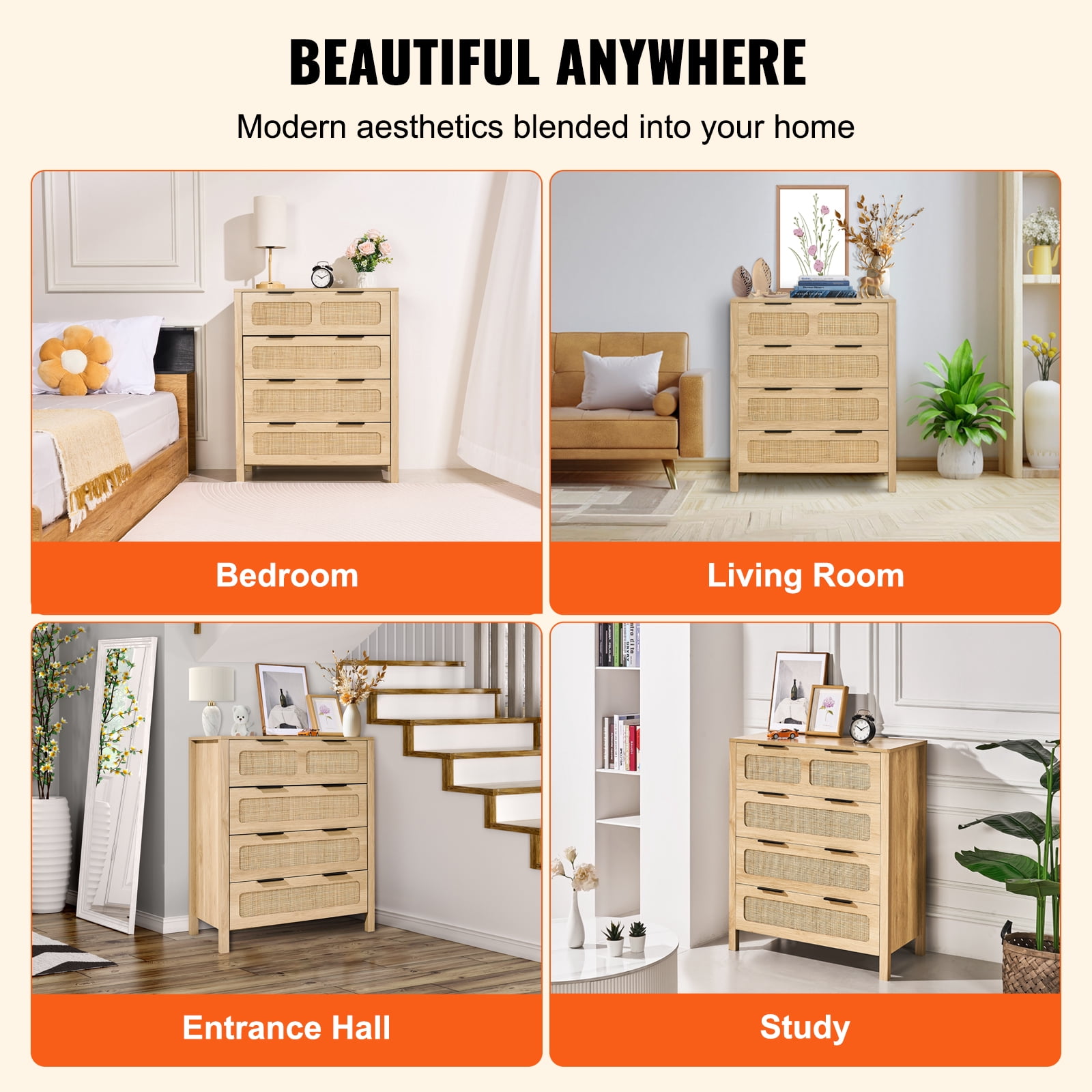 KFFKFF 4-Compartment Rattan Chest, Authentic Rattan Wood Storage Unit with LED Illumination, Contemporary Wooden Apparel Sorter & Storage Bohemian Chest with Robust Handles & Stand