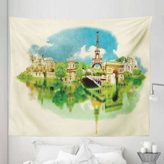 Watercolor Tapestry, Paris Scenery with Pastel Blurry Reflections French Landmarks Print, Fabric Wall Hanging Decor for Bedroom Living Room Dorm, 5 Sizes, Beige Blue and Green, by Ambesonne