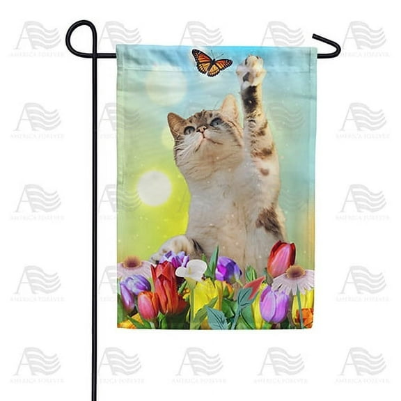 America Forever Spring Kitty Garden Flag 12.5 x 18 inches Double Sided Cute Cat, Butterly, Summer Flowers, Daisy, Tulip - Seasonal Yard Lawn Outdoor Decorative Tabby Cat Garden Flag