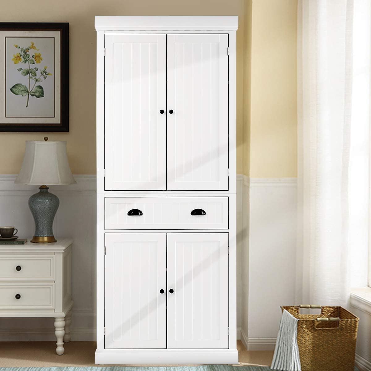 Traditional Kitchen Pantry Cabinet, Kitchen Cupboard with Double-Doors, Large Drawer and Adjustable Shelves for Dining Room, Bathroom
