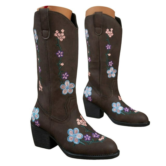 Bottes Cowboy Leozcaa pour Femmes Mi-Mollet Broderie de Fleurs Rétro Talon Épais Bas Bottes d'Hiver Western