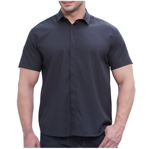 Playeras Elvqul Hombre Negro de Color Sólido Economicas Manga Corta Solapa Abotonada