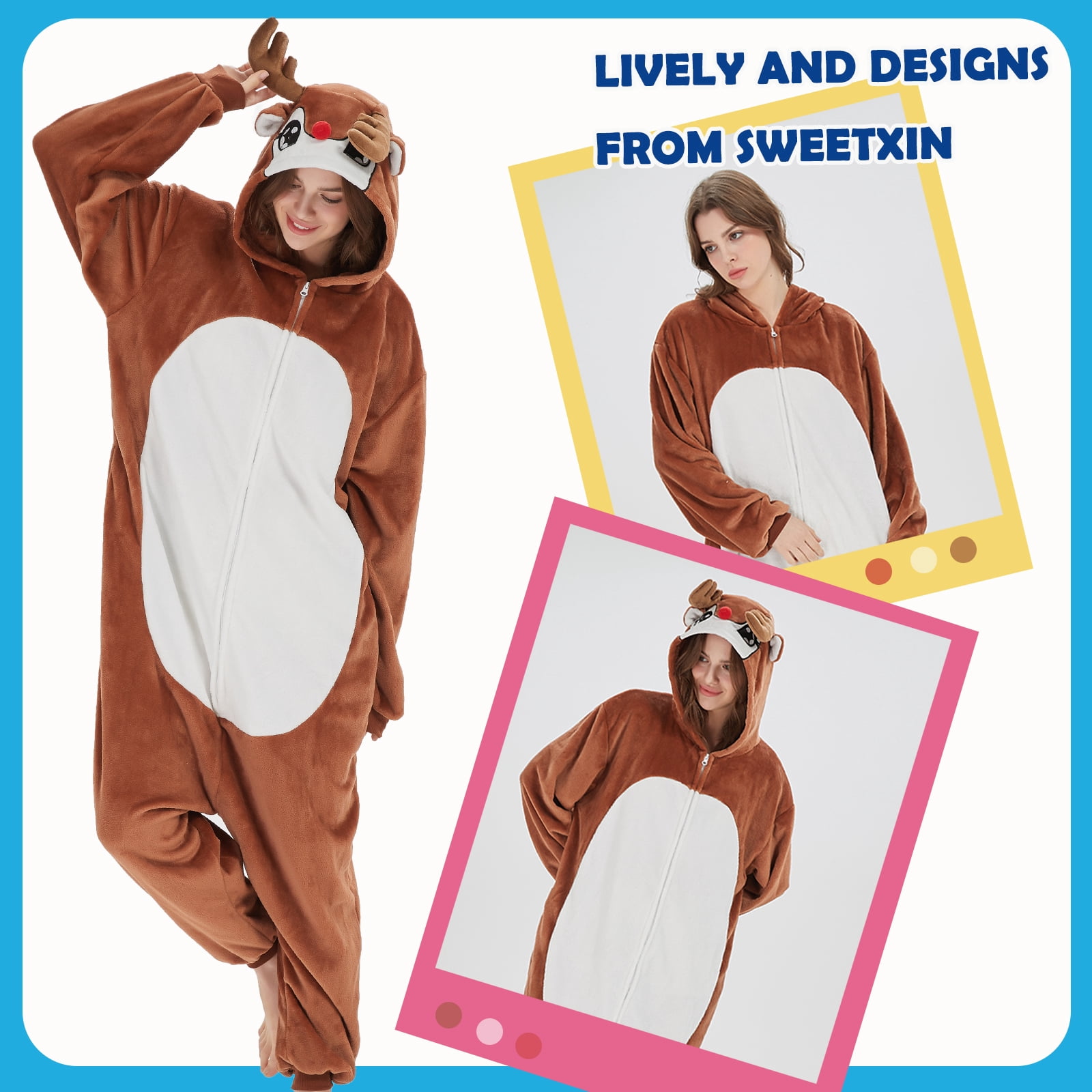 SWEETXIN Adult Christmas Reindeer Unisex Onesie Pajamas Halloween Cosplay Costume Suit for Women and Men SizeXL