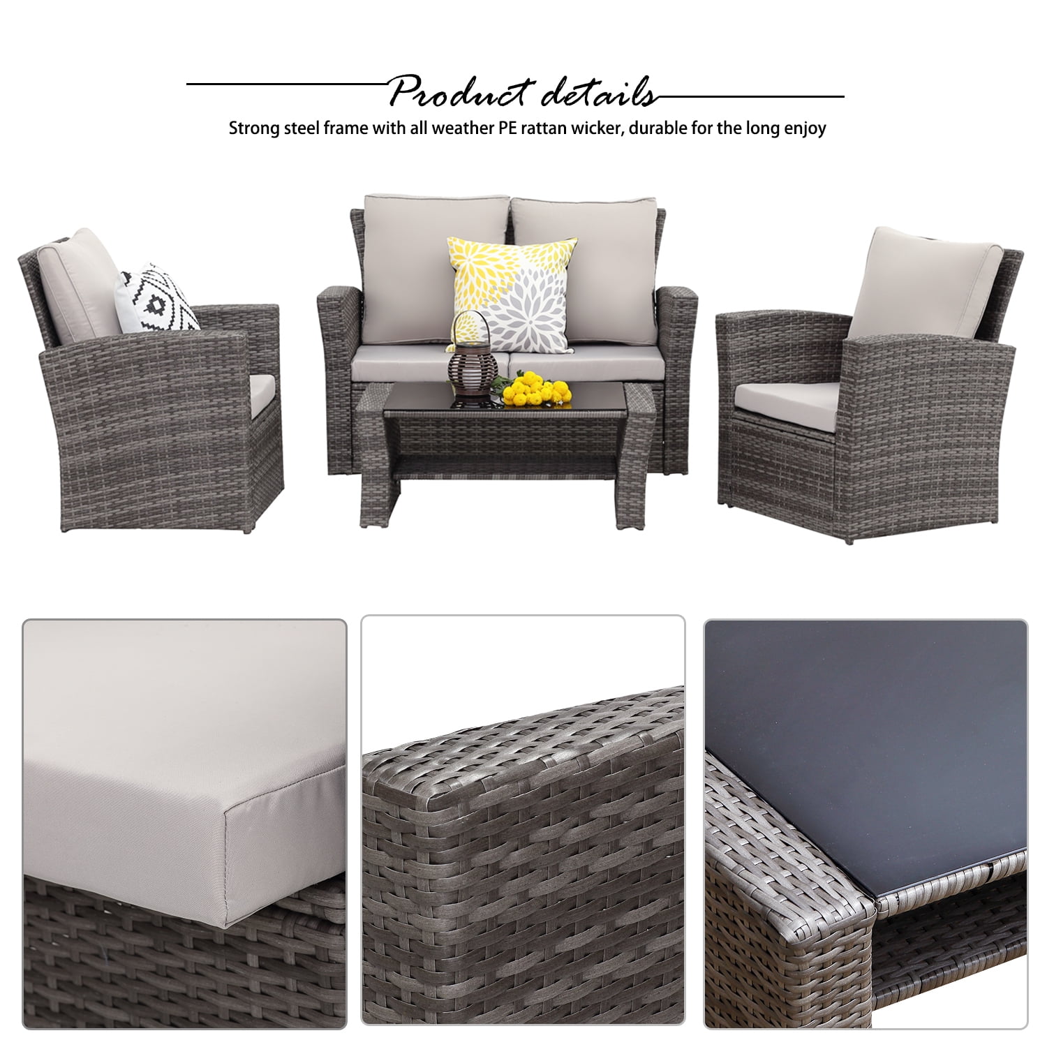 All-Weather Outdoor Patio Furniture Set - 4-Piece Wicker Rattan Sectional Conversation Set with Table and Cushions, Gray