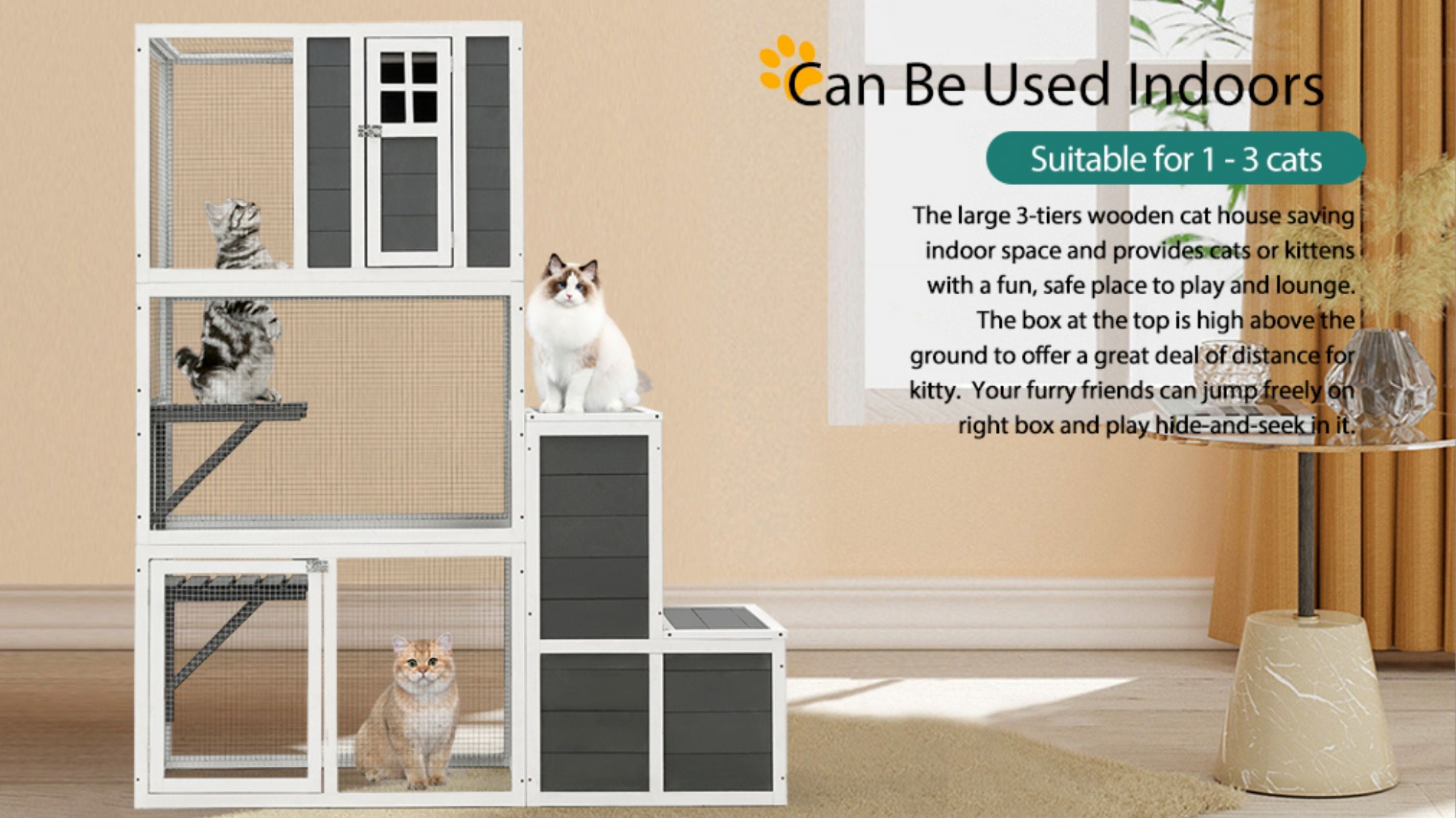 3-Tier Wooden Outdoor & Indoor Cat House Suitable for 1-3 Cats Cat Enclosure Resting Box with 4 Platforms and 2 doors Cat Shelter Kitty House with a Jump Box for Hiding and Resting Cat Cage 71"H-Gray