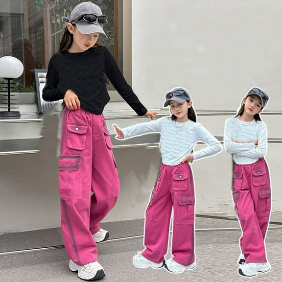 Kids Cargo Pants Fashion Cargo Jogger Pants Elastic Waist Pink Cargo Pants with Pockets Girls Pants Size 12-13 Years