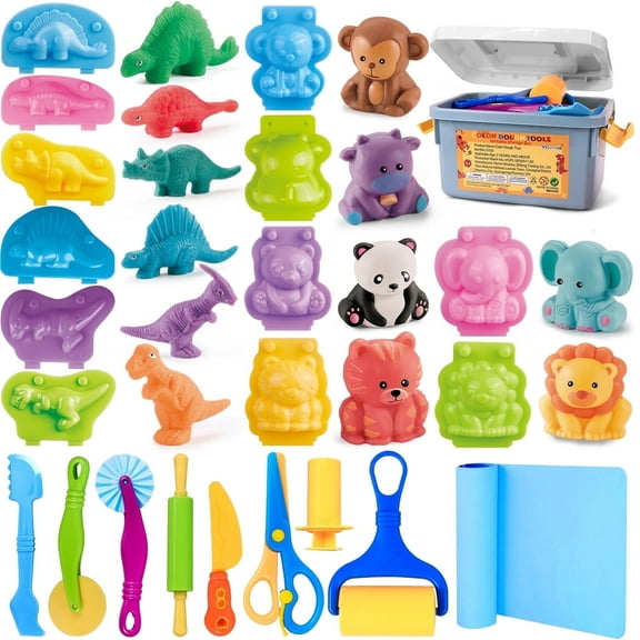 Play Dough Tools Sets for Kids, 22pcs Clay and Dough Accessories for Toddlers with Box,Mat, Rolling Pins, Safety Scissors, Mini Knife,3D Dino & Animal Makers, Kids Arts and Crafts Gift for Girls Boys