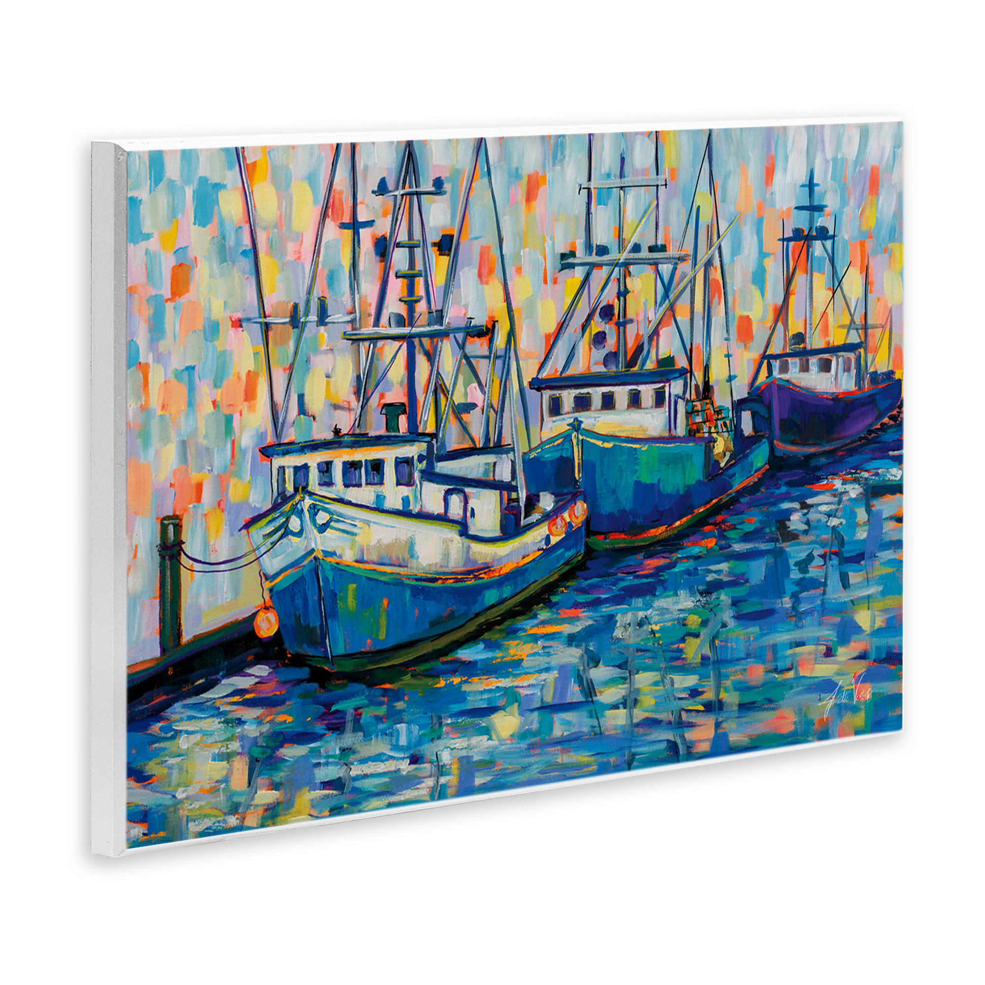 Stupell Industries Vivid Boats in Harbor Transportation Painting Unframed Art Print Wall Art, 19 x 13