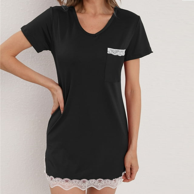 Camisón largo de algodón para mujer, vestido de manga corta con encaje, cuello en V, color liso y bolsillos