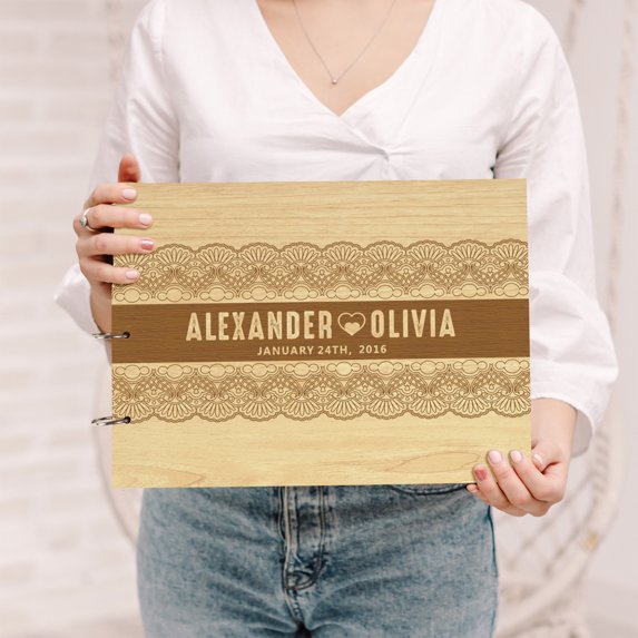 Darling Souvenir Personalized Engraved Laser Cut Wedding Guest Book Wooden Cover Sign-in Book Registry Guestbook Scrapbook-2W