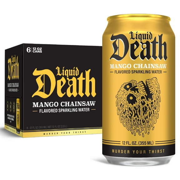 Liquid Death, Mango Chainsaw, Soda-Flavored Sparkling Water, 6-Pack (12 fl oz Cans), Low Sugar, Huge Flavor and No Artificial Sweeteners
