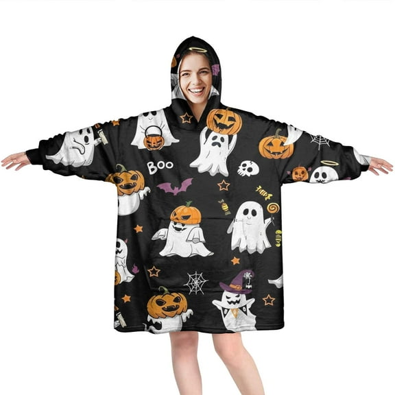 Wearable Oversized Blanket,Black Halloween Ghosts and Pumpkins Wearable Blanket Hoodie for Adults,Cozy Hooded Blankets with Super Pockets,Super Warm Fuzzy Pullover for Women & Men