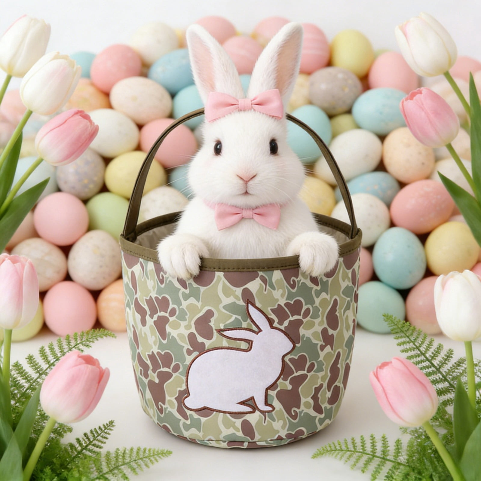 Gytml Easter Bunny Basket Egg Bags,Canvas Cute Cotton Personalized Candy Egg Basket Rabbit Print With Handle Buckets Gifts Bags For Easter B-23cm