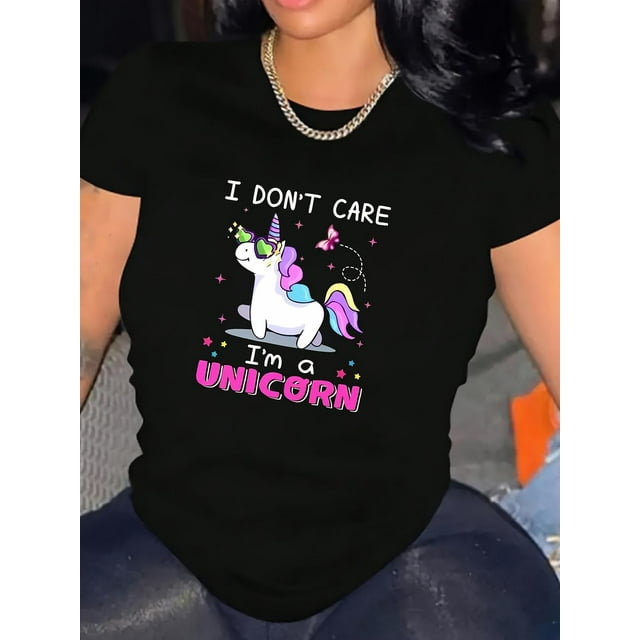 T-Shirt Graphique Licorne Décontracté pour Femmes / Haut à Manches Courtes Col Rond / Tissu Tricoté Extensible Moyen / Tee-Shirt Imprimé Dessin Animé Toutes Saisons / Tee de Voyage de Loisirs pour Adultes, Hommes, Femmes, Adolescents, Adolescents