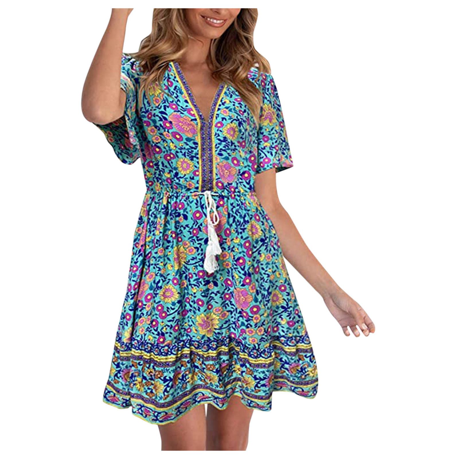 Ladies New Summer Vneck Fashion Printed Belt Pleated Short Sleeve