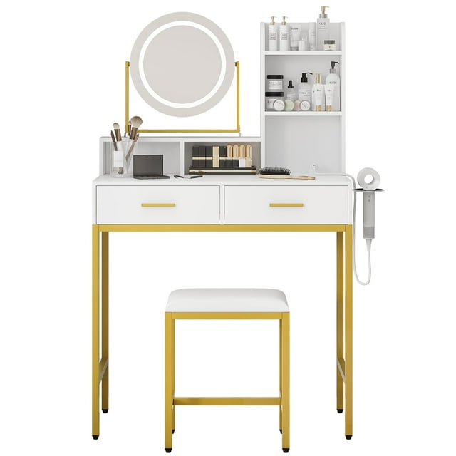BeesClover Makeup Vanity Desk with Mirror and Lights, Vanity Desk with Stool, 2 Drawers, Power Outlet, Dressing Table for Bedroom