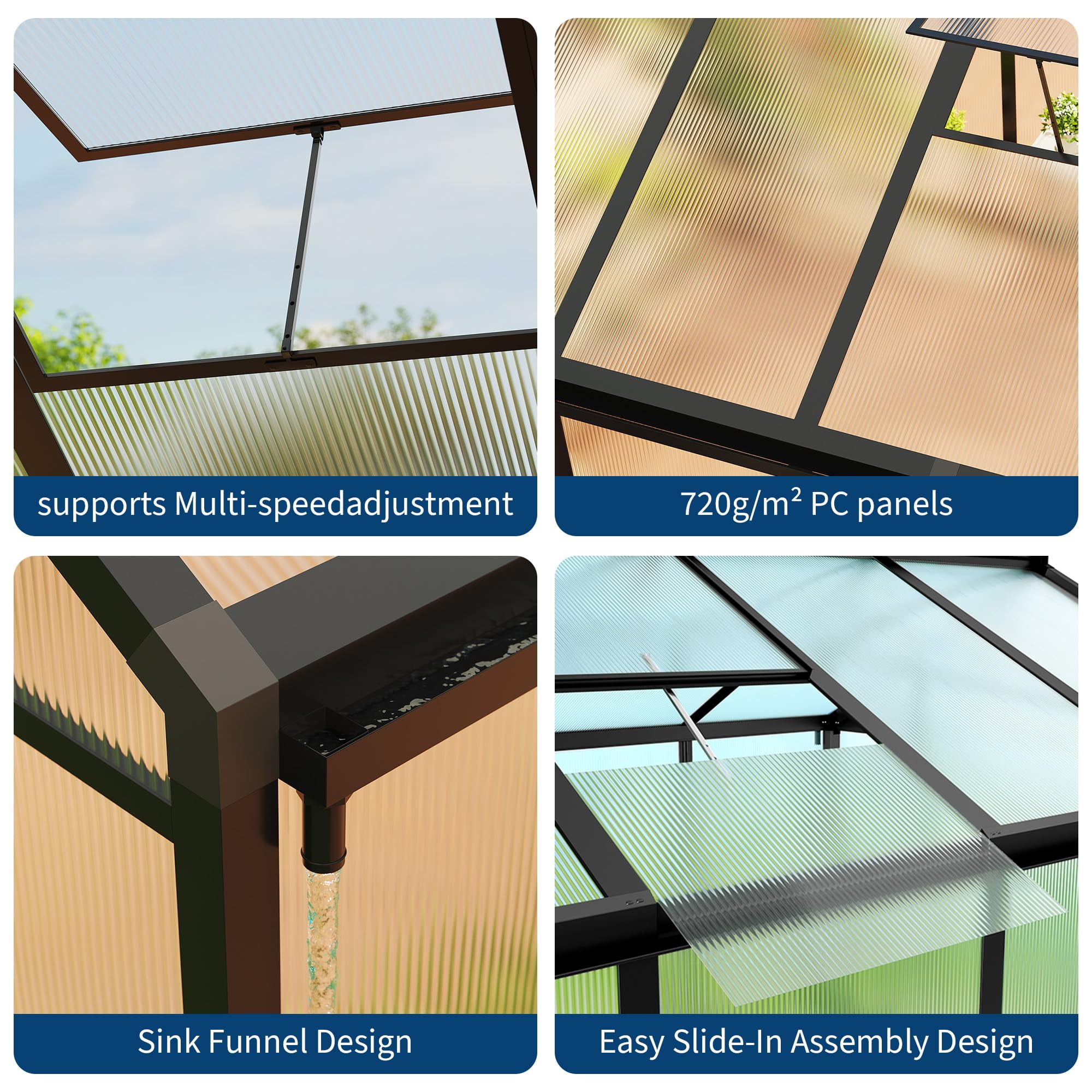 6x8 FT Greenhouse, Easy Assembly Aluminum Polycarbonate Outdoor Greenhouse with Roof Vent, Ground Nails, Heavy Duty Walk-in, Lockable, Black