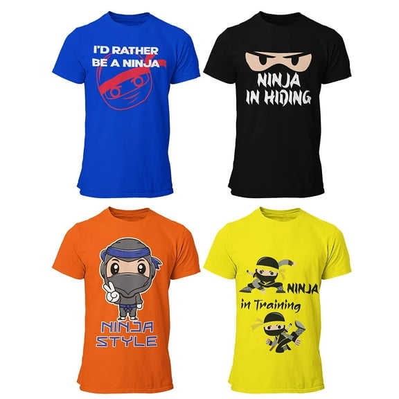 BROOKLYN VERTICAL 4-Pack Boys Ninja Short Sleeve Crew Neck T-Shirt with Chest Print | Soft Cotton Sizes 6-20