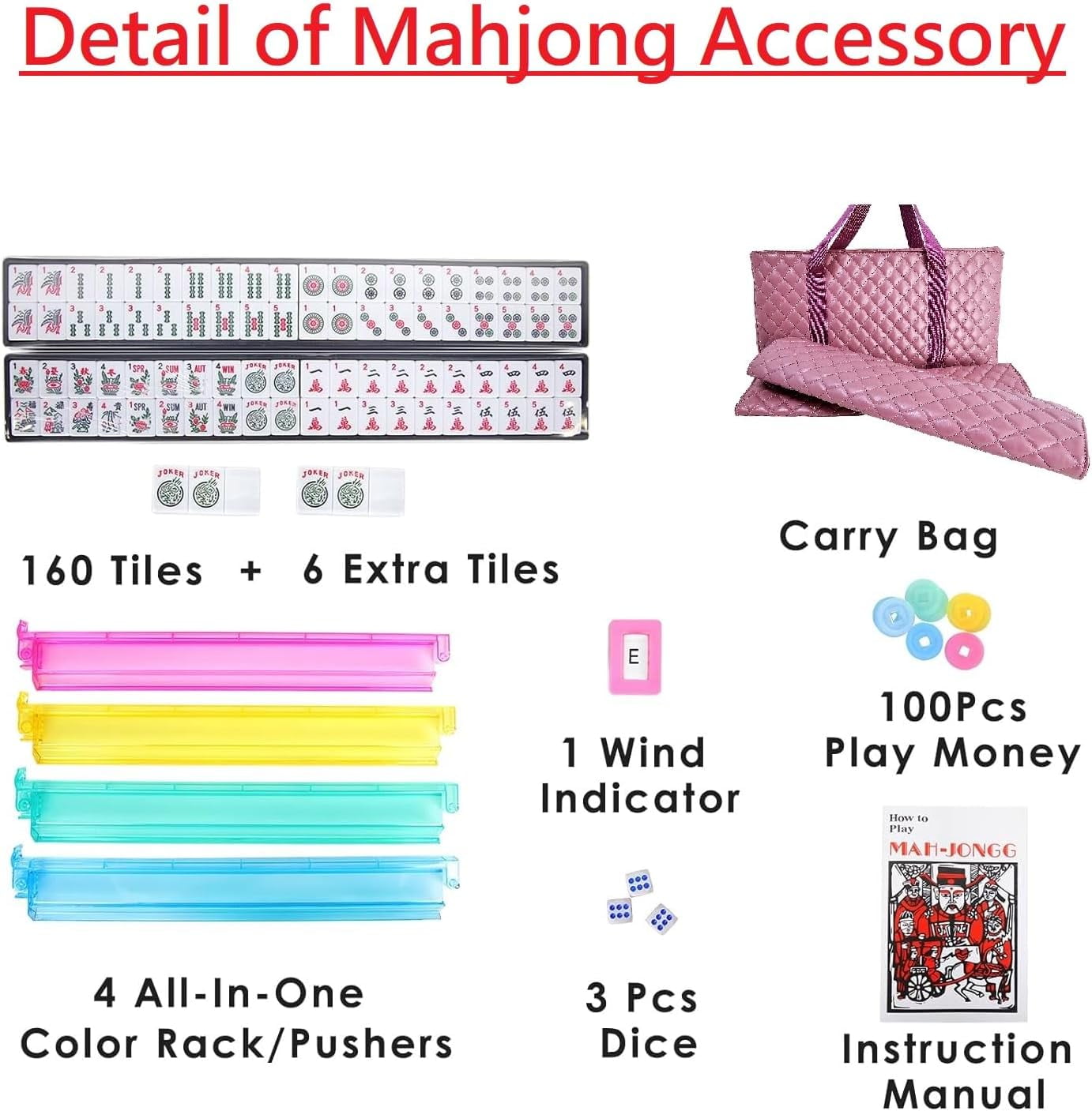 C&H Solutions American Mahjong Set,Mahjong Tiles Set,Pink PU Carrying Bag,166 Premium Tiles,4 All-in-One Rack/Pushers,Western Mahjong with English Manual(Ma Jong,Mah-Jongg, Majiang)