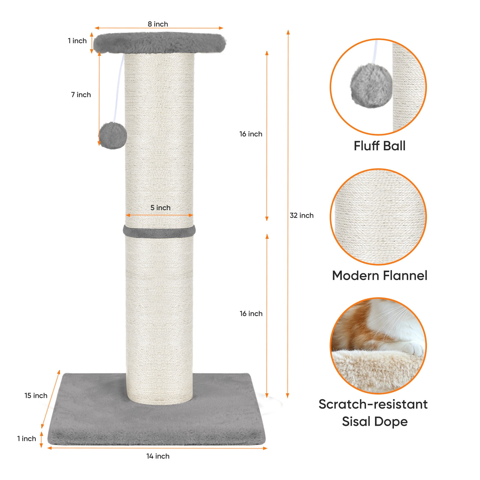 PAWSCRAT Cat Scratching Post 32" Tall, Large Diameter Natural Sisal Cat Scratch Post with Dangling Ball for Indoor Cats, Scratch-Resistant Durable & Protect Your Furniture, LightGrey