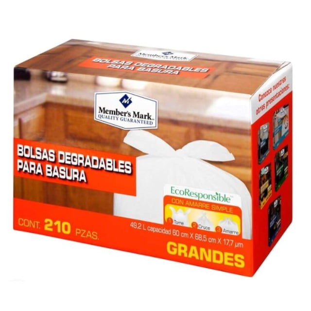 member´s mark - bolsas degradables para basura 210 pzas grandes member´s mark Caja frontal, vista centrada, muestra bolsa blanca con cierre simple y etiqueta EcoResponsible; caja roja y blanca con logo Member's Mark y textos "BOLSAS DEGRADABLES PARA BASURA" y "GRANDES" sobre fondo de cocina desenfocado; adecuada para uso doméstico y organización de desechos.