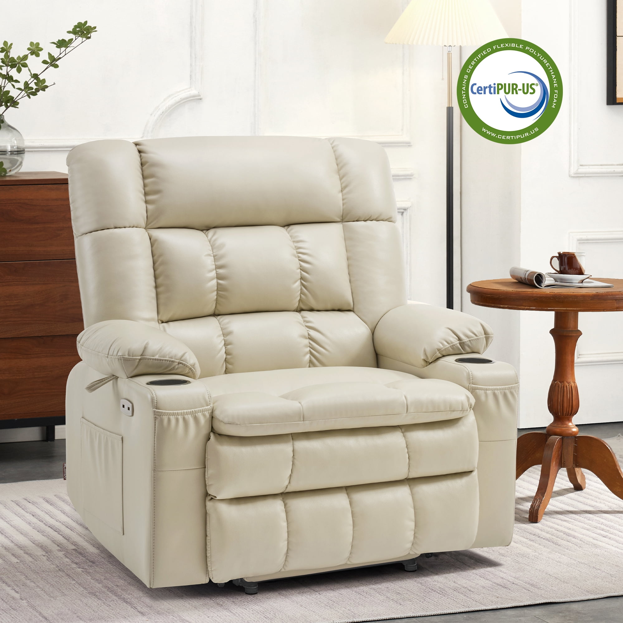 MCombo Small Dual Motor Power Lift Recliner Chair Sofa with Massage and Heat for Elderly People, Infinite Position, USB Ports, Faux Leather R7894 (Cream White, Small-Wide)