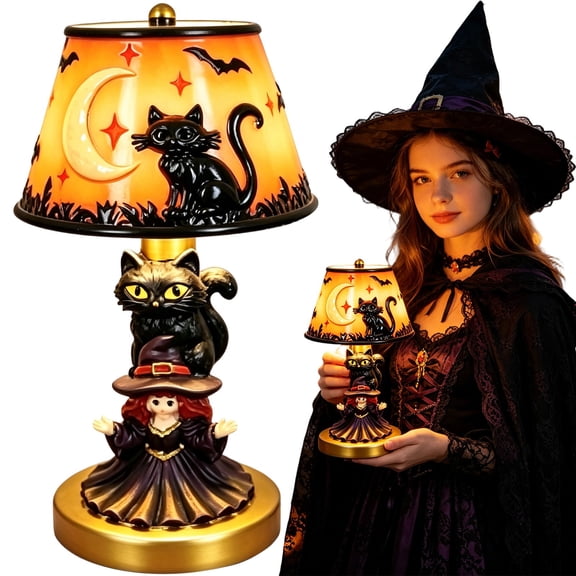 Juaoua Resin Halloween Pumpkin Bat Table Lamp,Retro Warm LED Pumpkin Night Light With Witch Hat & Skeleton,Halloween Desktop Ornament Lamp for Home Indoor Party Halloween Desktop Decor