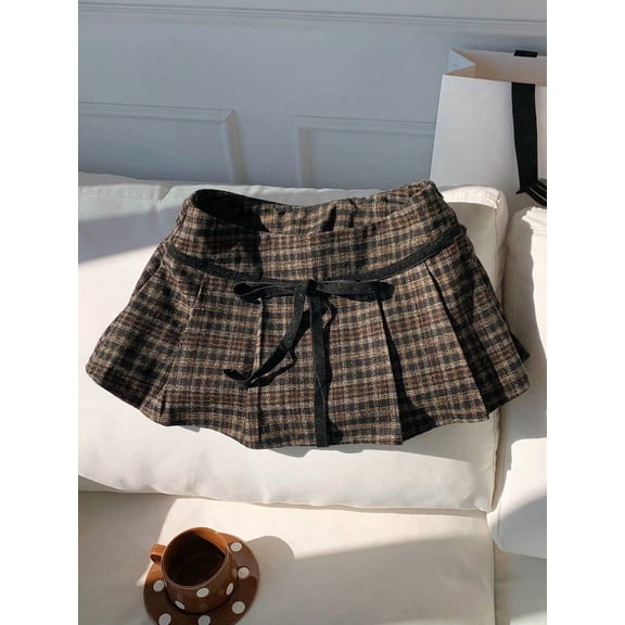 Women's Pleated Skirt, Tie Waist Front Bow Mini Skirt, Fitted High Waist A-Line Bottoms for Commute and Daily Wear
