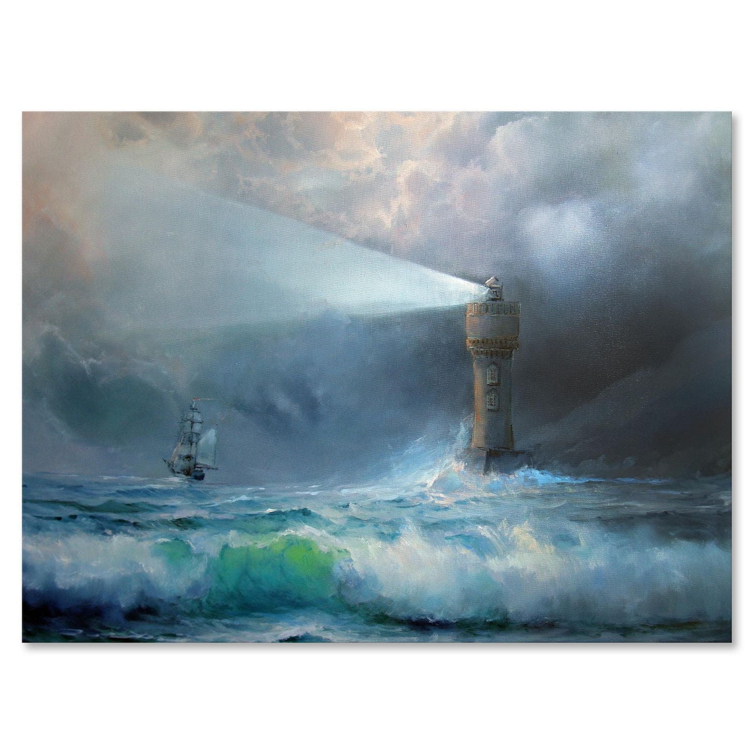 Designart Lighthouse Shining Light During Stormy Night II Canvas Wall Art