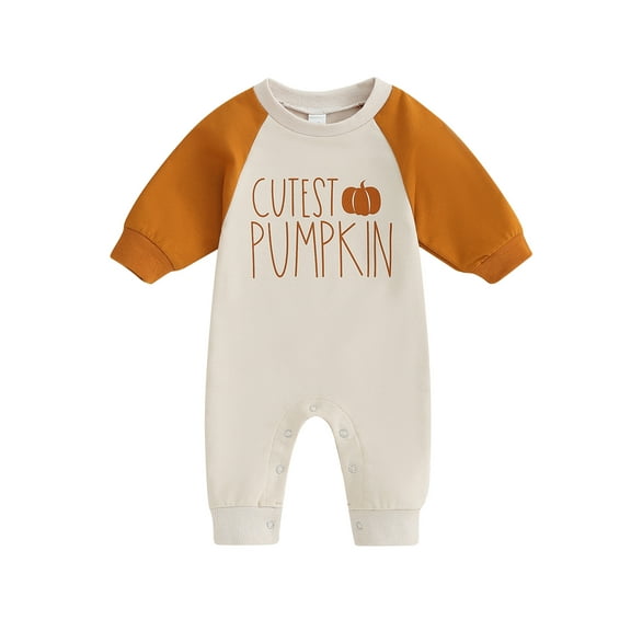 Wassery Baby Boys Girl Halloween Romper Infant Halloween Outfits Long Sleeve Round Neck Pumpkin Letter Print Onsie Jumpsuit Newborn Fall Clothes 0-18 Months