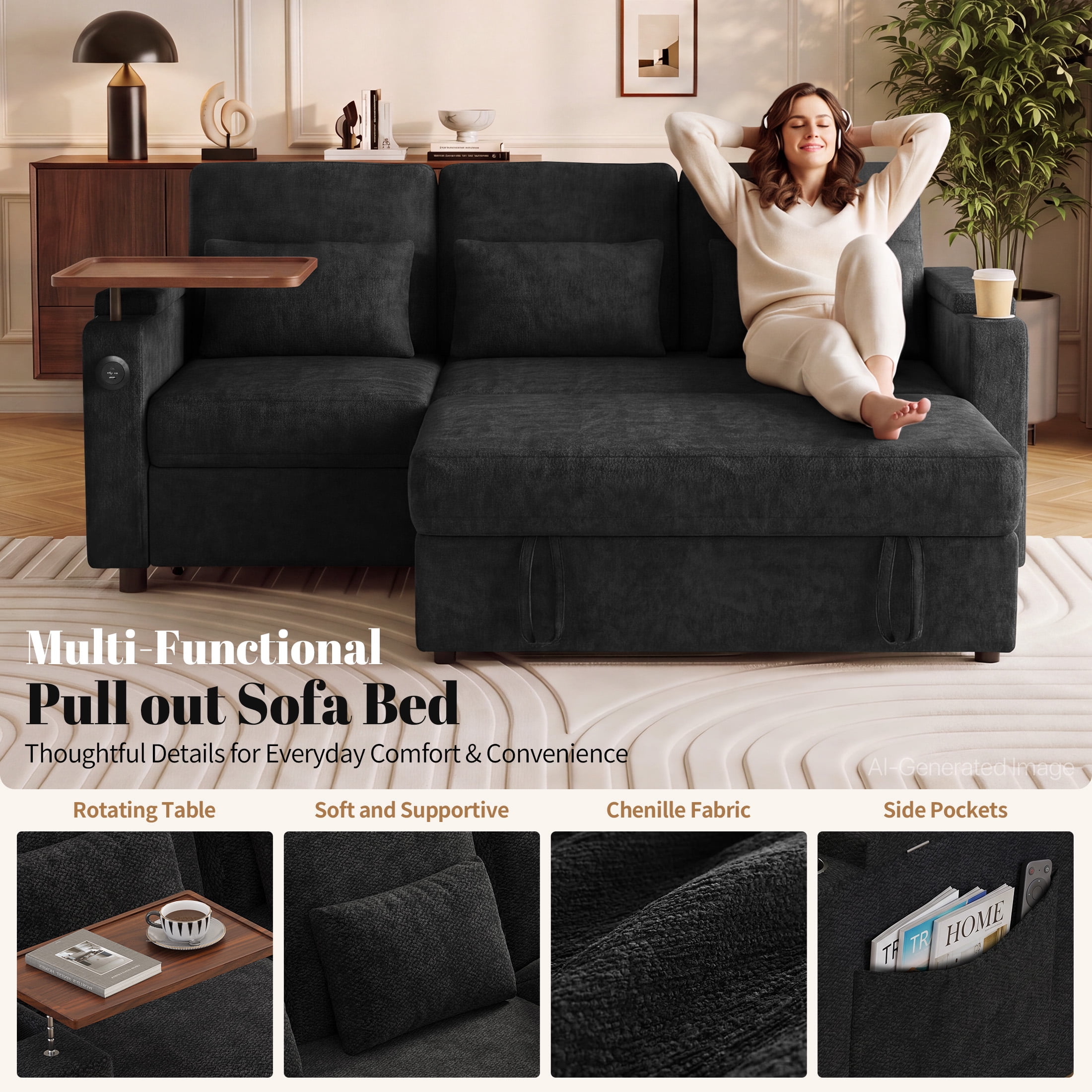 Aenkyo 81" 3-in-1 Convertible Sleeper Sofa with Pull Out Bed and Recliner, Adjustable Backrest, Black
