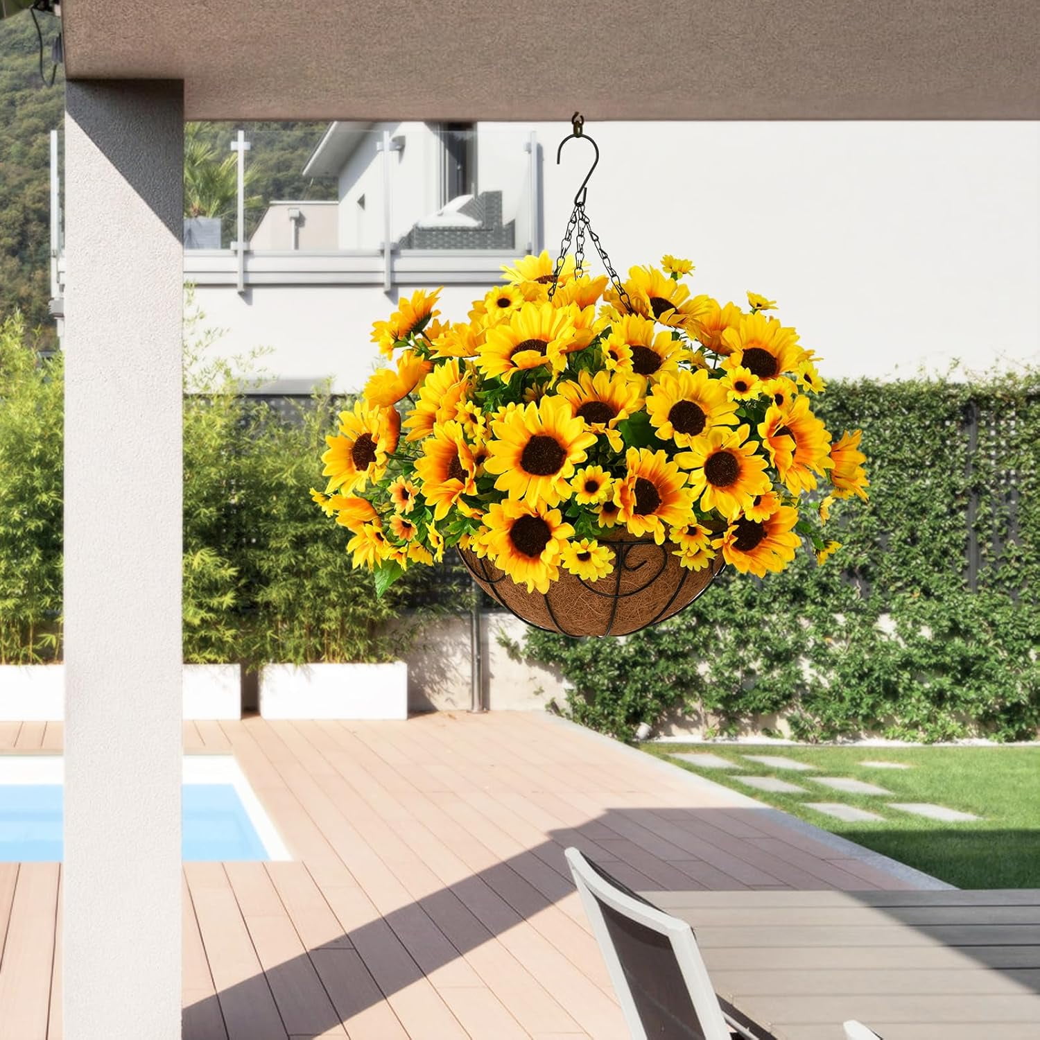 Artificial Sunflowers Fake Hanging Flowers Plants Baskets for Outdoor Spring Summer Decoration, Faux Silk Flowers Look Real UV Resistant for Porch Patio Garden Summer Home Decor