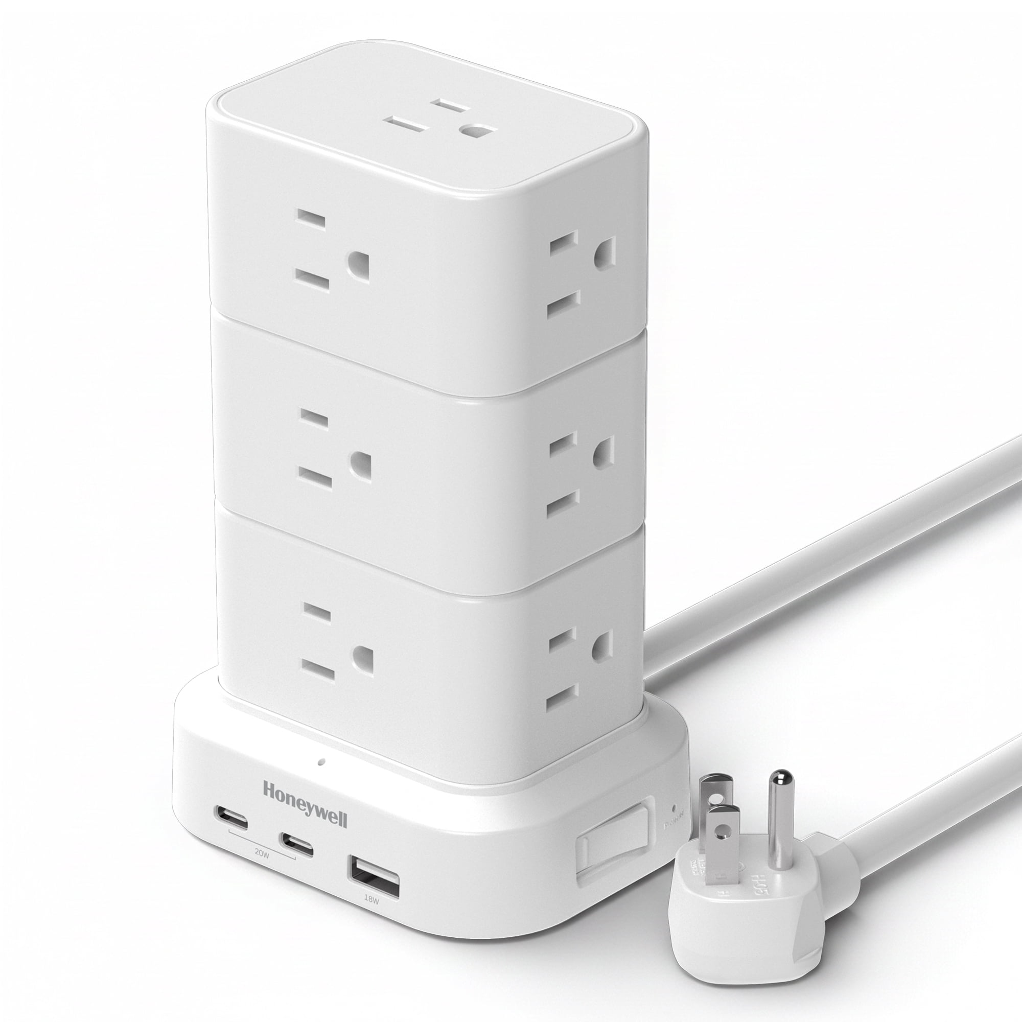Honeywell Power Tower Modular Charging Station, 15 AC Outlets, 3 USB Ports (1 USB-A, 2 USB-C 20W PD), 900 Joules Surge Protector, 4ft Extension Cord, White
