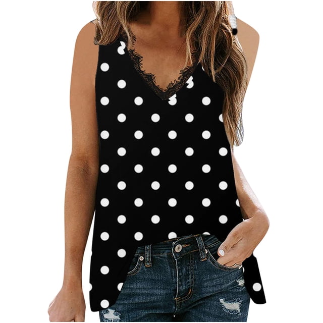 Camiseta Sin Mangas Para Mujer Tops Sin Mangas Encaje Con Cuello en V Patchwork Día de La Independencia Estampado Sin Mangas Blusa Superior Odeerbi ODB167258