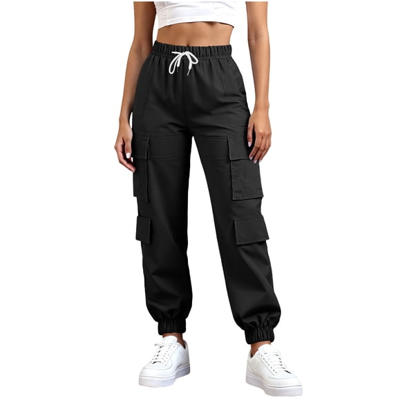 AHTJRT Women's Hiking Cargo Pants Drawstrings Elastic Waist Trousers with Multi-pockets Slim Straight Leg Tapered Sweatpants Black XXL