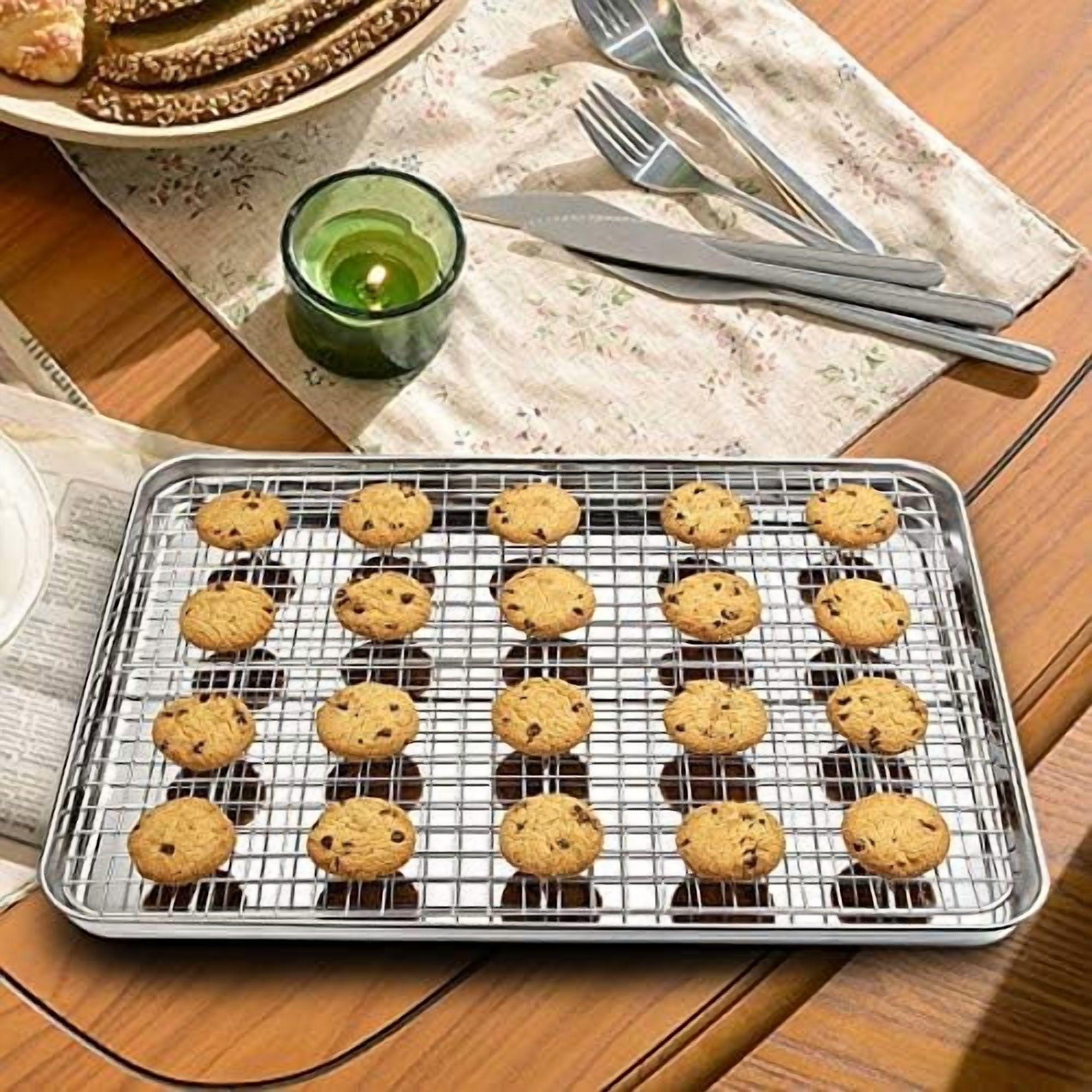 Baking Sheet with Rack Set [2 Pans + 2 Racks],  Stainless Steel Cookie Sheet Baking Pan Tray with Cooling Rack, Size 16 x 12 x 1 Inch, Non Toxic & Heavy Duty & Easy Clean