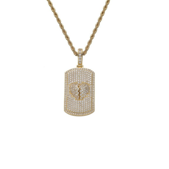 New Iced Out Bling 14K Yellow Gold Pendant Necklace Cubic Zirconia Badge Charm Men Fashion Hip Hop Jewelry