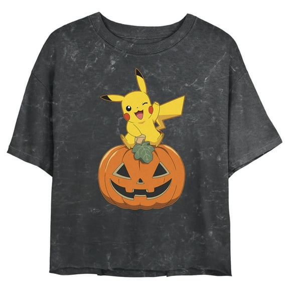 Junior's Pokemon Halloween Jack-O'-Lantern Winking Pikachu Graphic Crop T-Shirt Black Large