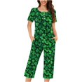 thumbnail image 2 of Dazajoo St Patrick's Day Outfits Women Irish Lucky Clover Short Sleeve Round Neck Button Pullover and Comfy Elastic Capris 2025 Festival Lightweight Loose Sleepwear,Multicolor,S, 2 of 5