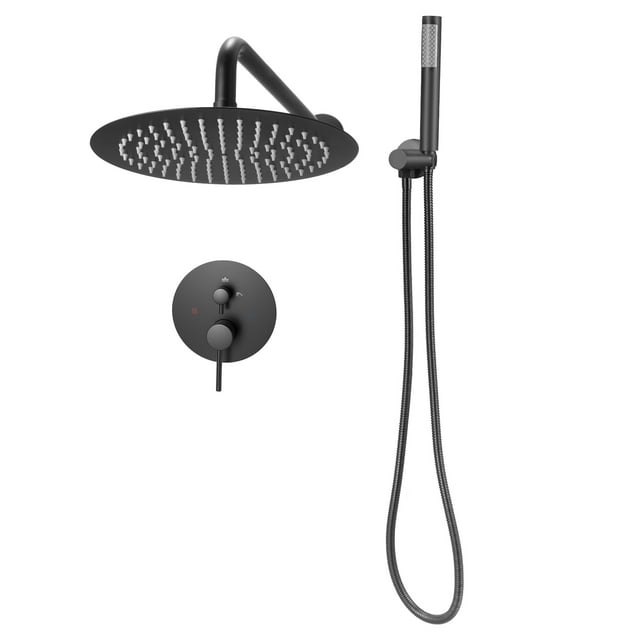 KFFKFF Shower Faucet Set, Rainfall Bathroom Shower System with 8-Inch Round Rain Shower Head and Handheld Spray, Wall Mounted Bath Fixtures with Brass Valve and Trim Kit, Matte Black